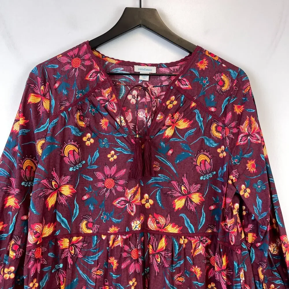 Sundance PM Petite M Cotton Floral Shift Maroon Red Dress A-Line 3/4 Sleeve - Picture 2 of 11